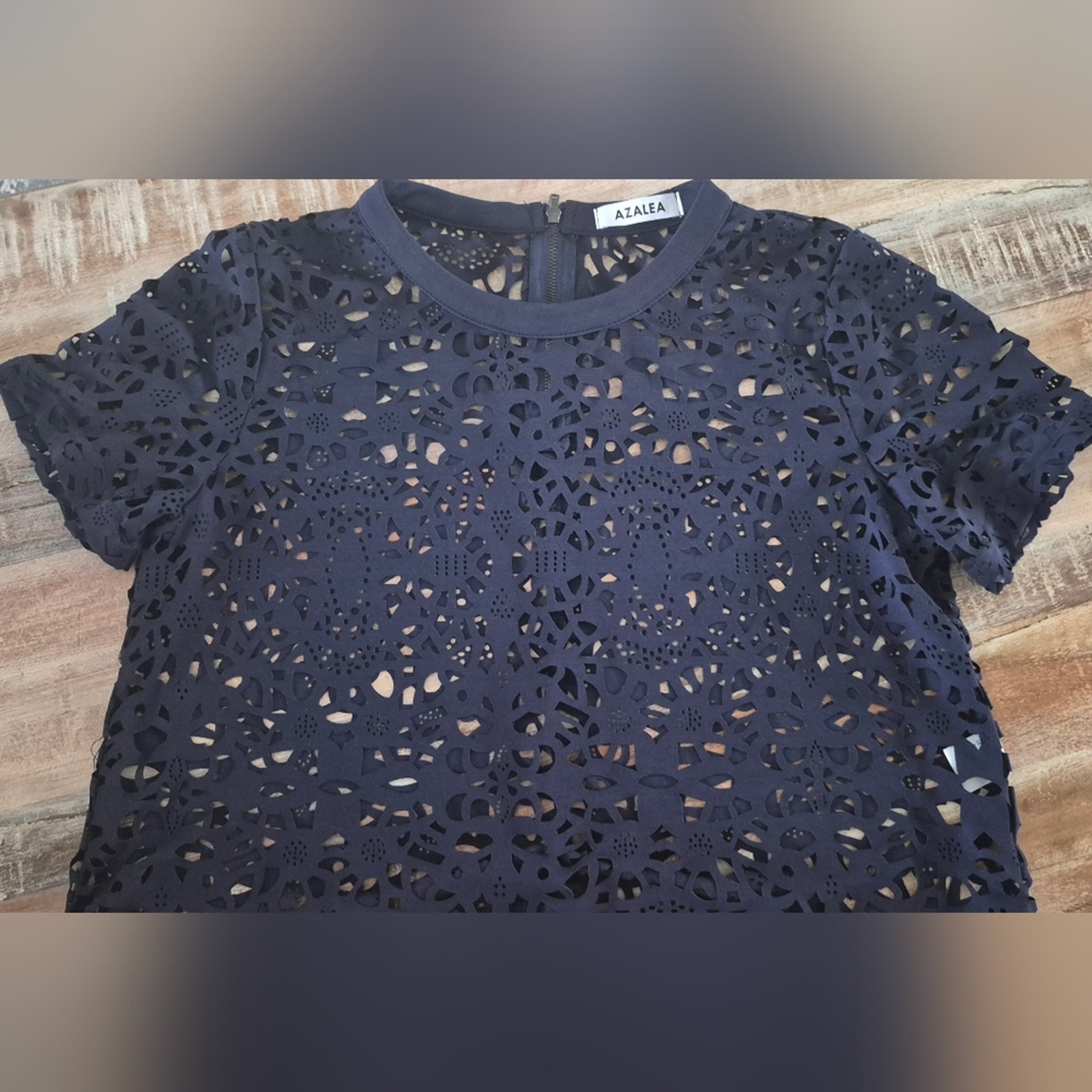 Azalea Navy Blue Eyelet Lace Floral Top Size S Back Zipper Short Sleeve — image 3 of 8